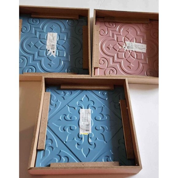 Decorative Wall Art Wooden Framed Blue & Pink Ceramic Tiles Set Of 3 - Picture 6 of 8